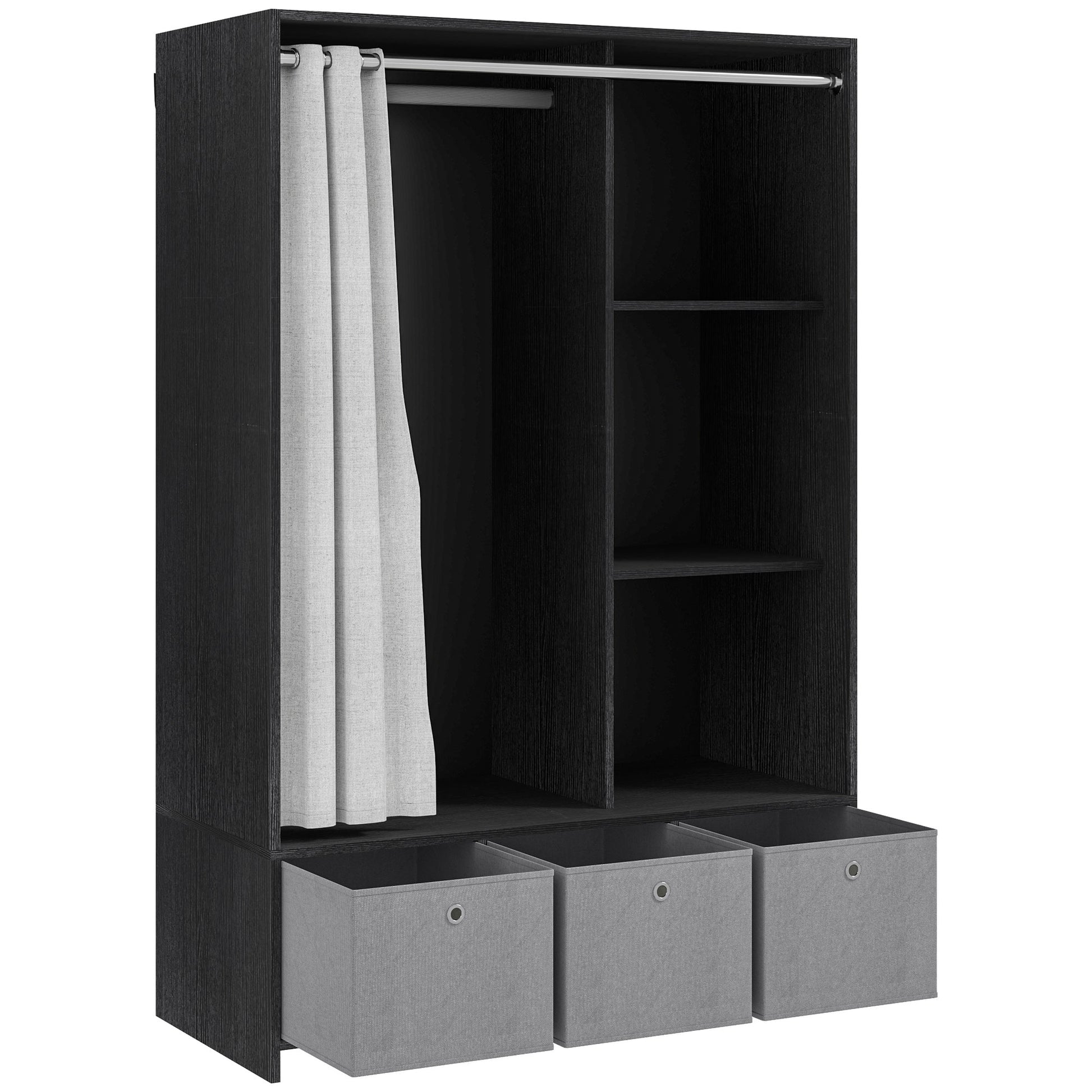 Wardrobe closet, dressing with curtain, clothing bedroom wardrobe, wardrobe with hanging rod, 3 compartments, and 3 removable fabric drawers - 105 x 48 x 160 cm, black
