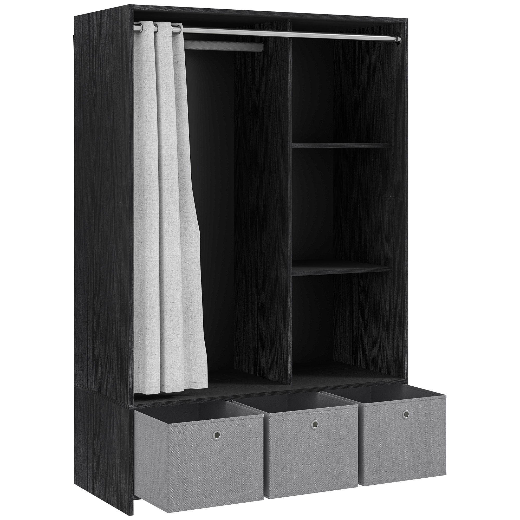 Wardrobe closet, dressing with curtain, clothing bedroom wardrobe, wardrobe with hanging rod, 3 compartments, and 3 removable fabric drawers - 105 x 48 x 160 cm, black