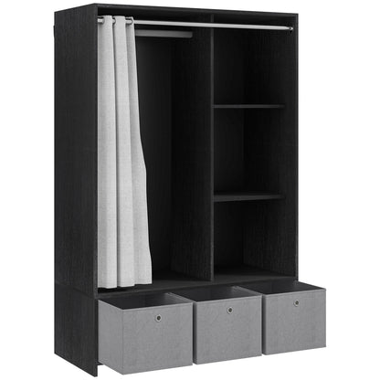 Wardrobe closet, dressing with curtain, clothing bedroom wardrobe, wardrobe with hanging rod, 3 compartments, and 3 removable fabric drawers - 105 x 48 x 160 cm, black