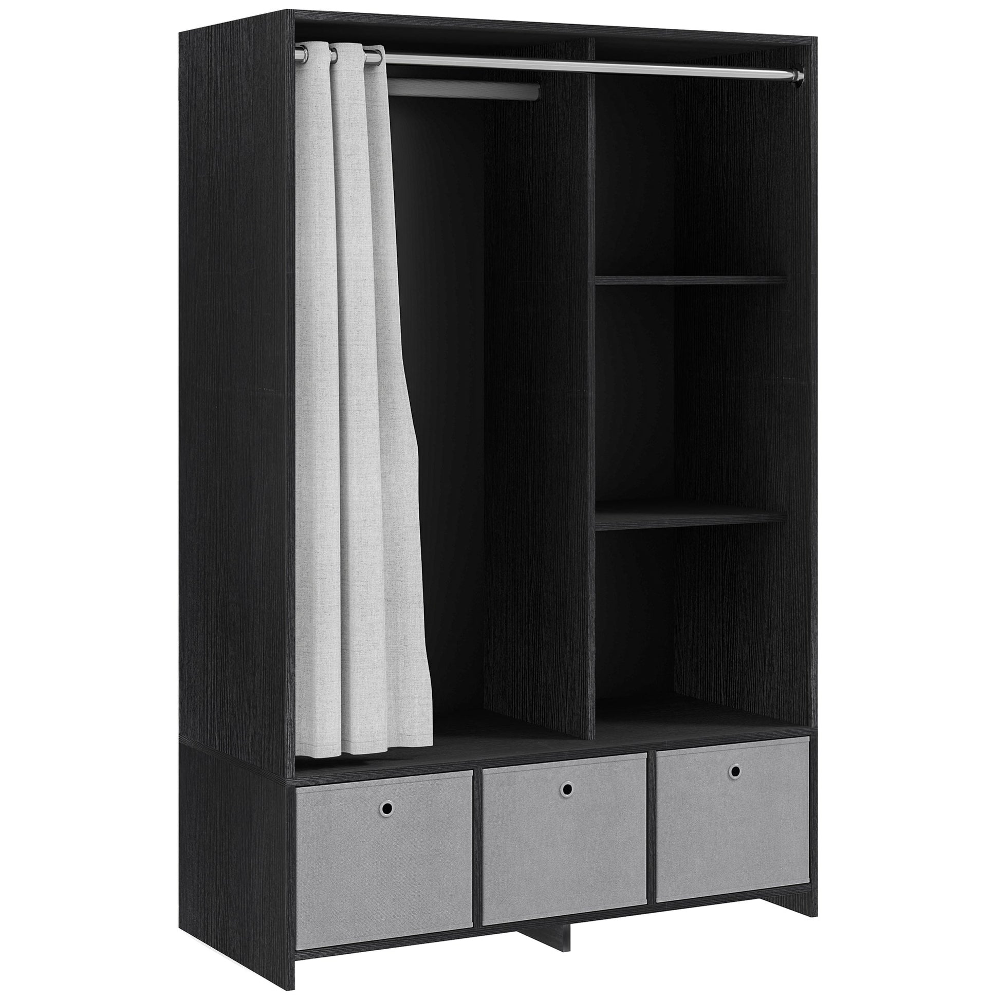 Wardrobe closet, dressing with curtain, clothing bedroom wardrobe, wardrobe with hanging rod, 3 compartments, and 3 removable fabric drawers - 105 x 48 x 160 cm, black