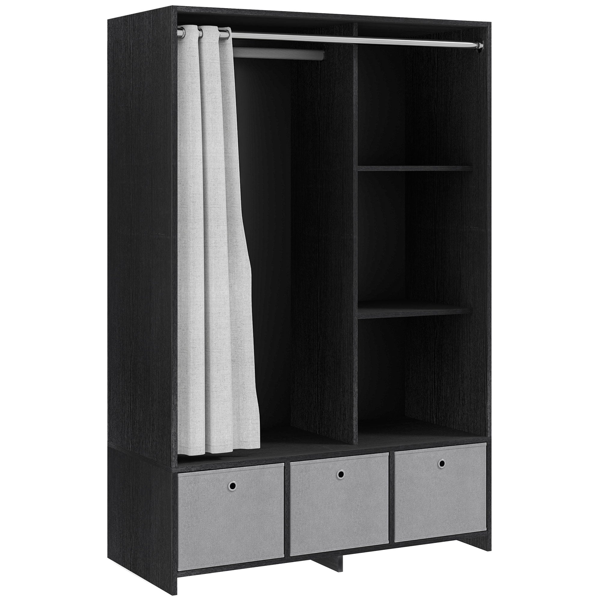 Wardrobe closet, dressing with curtain, clothing bedroom wardrobe, wardrobe with hanging rod, 3 compartments, and 3 removable fabric drawers - 105 x 48 x 160 cm, black