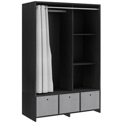 Wardrobe closet, dressing with curtain, clothing bedroom wardrobe, wardrobe with hanging rod, 3 compartments, and 3 removable fabric drawers - 105 x 48 x 160 cm, black