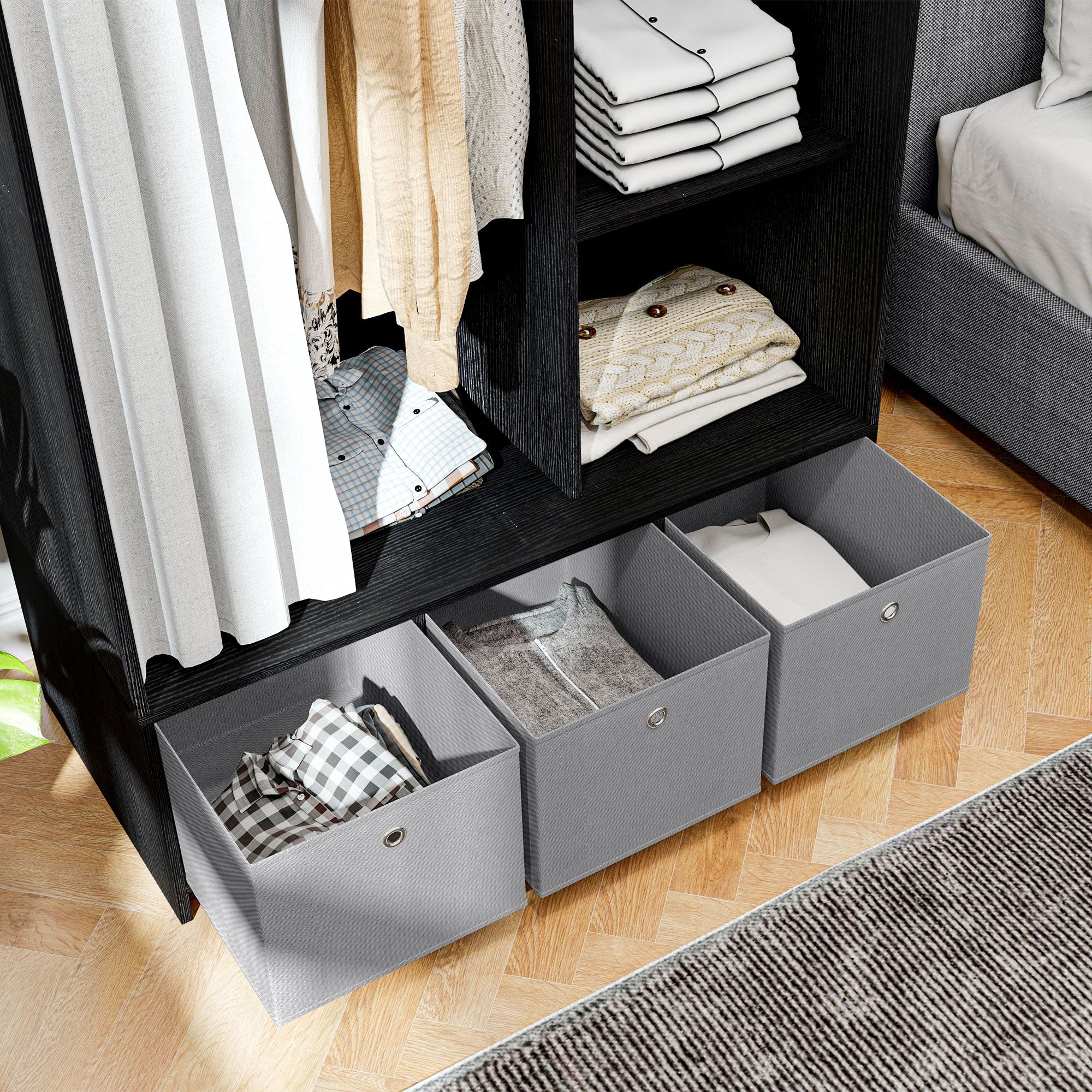 Wardrobe closet, dressing with curtain, clothing bedroom wardrobe, wardrobe with hanging rod, 3 compartments, and 3 removable fabric drawers - 105 x 48 x 160 cm, black