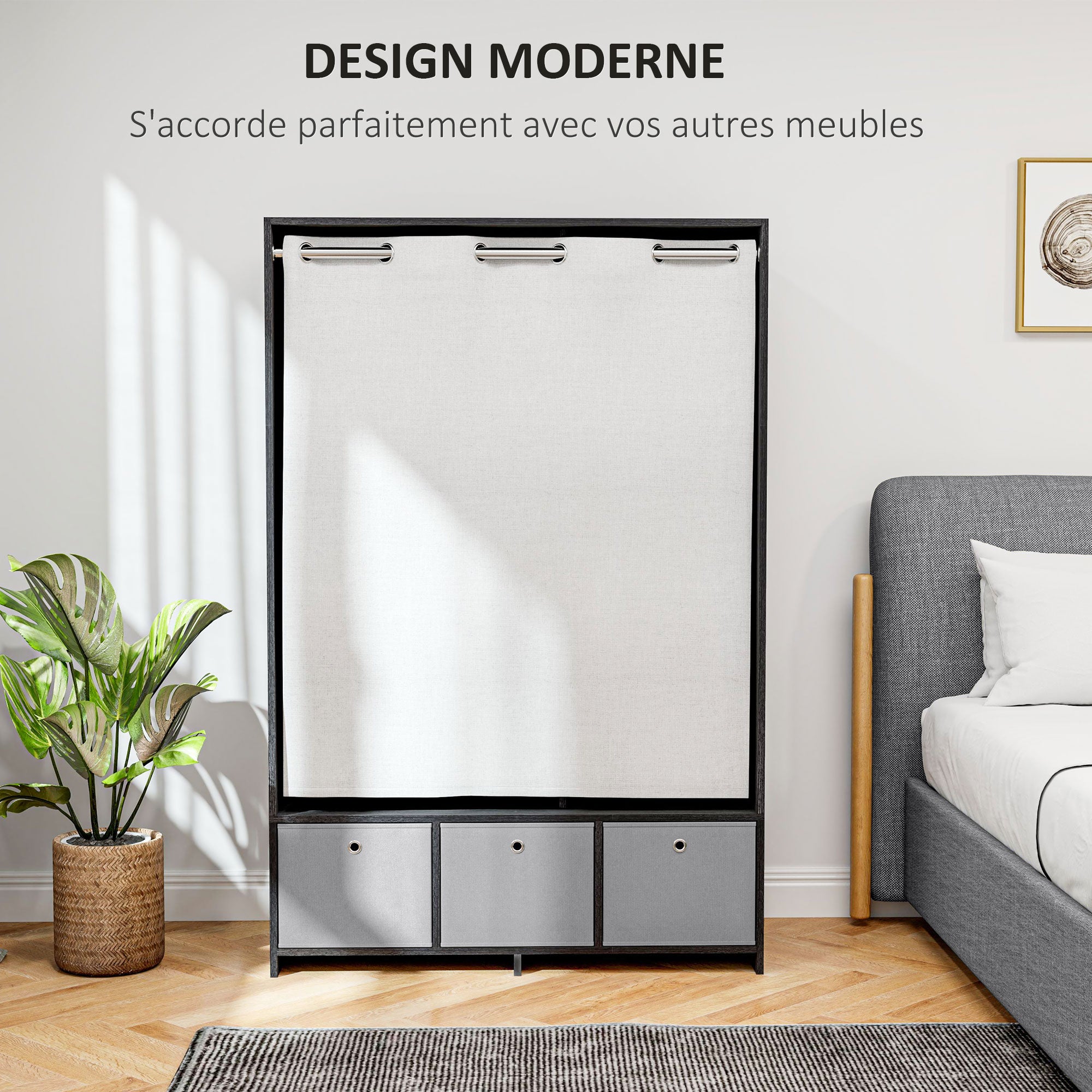 Wardrobe closet, dressing with curtain, clothing bedroom wardrobe, wardrobe with hanging rod, 3 compartments, and 3 removable fabric drawers - 105 x 48 x 160 cm, black