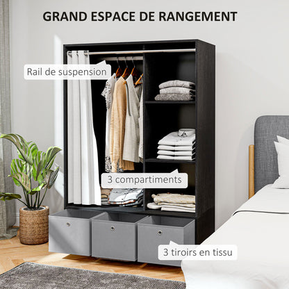 Wardrobe closet, dressing with curtain, clothing bedroom wardrobe, wardrobe with hanging rod, 3 compartments, and 3 removable fabric drawers - 105 x 48 x 160 cm, black