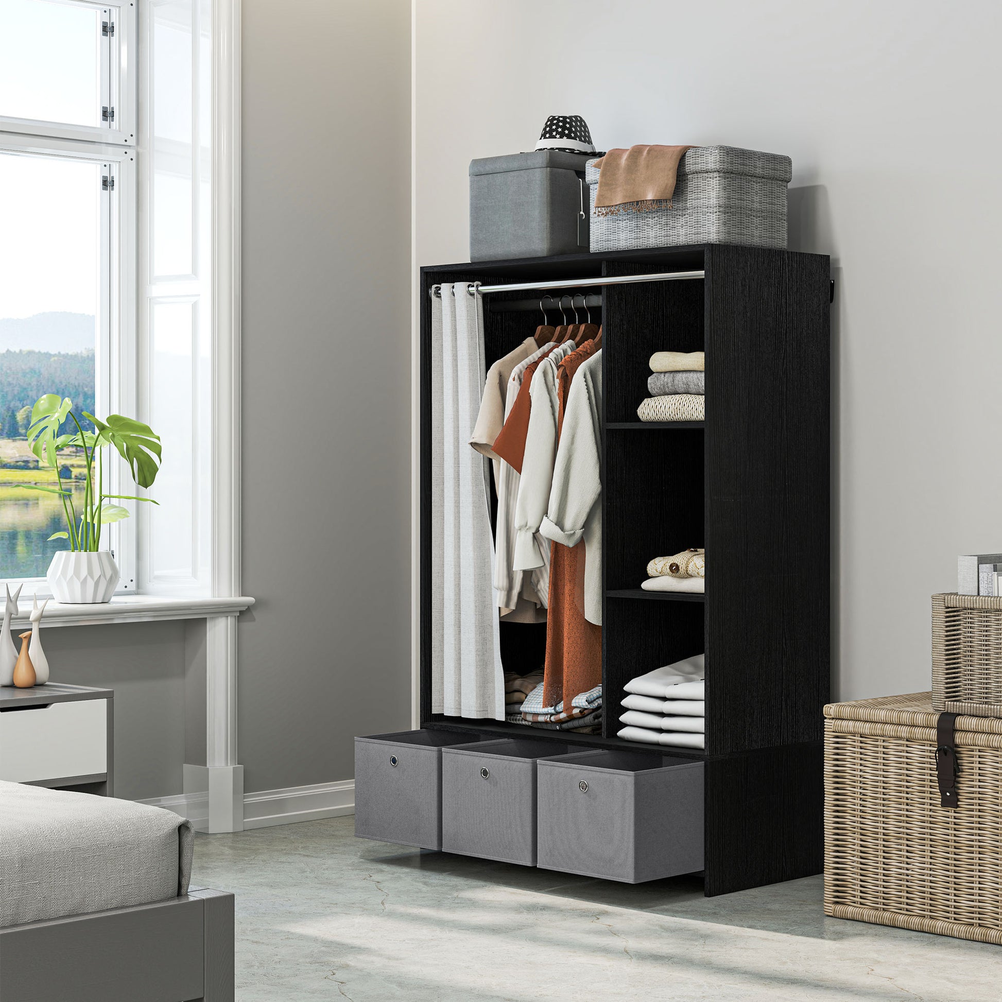 Wardrobe closet, dressing with curtain, clothing bedroom wardrobe, wardrobe with hanging rod, 3 compartments, and 3 removable fabric drawers - 105 x 48 x 160 cm, black
