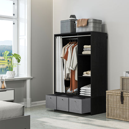 Wardrobe closet, dressing with curtain, clothing bedroom wardrobe, wardrobe with hanging rod, 3 compartments, and 3 removable fabric drawers - 105 x 48 x 160 cm, black