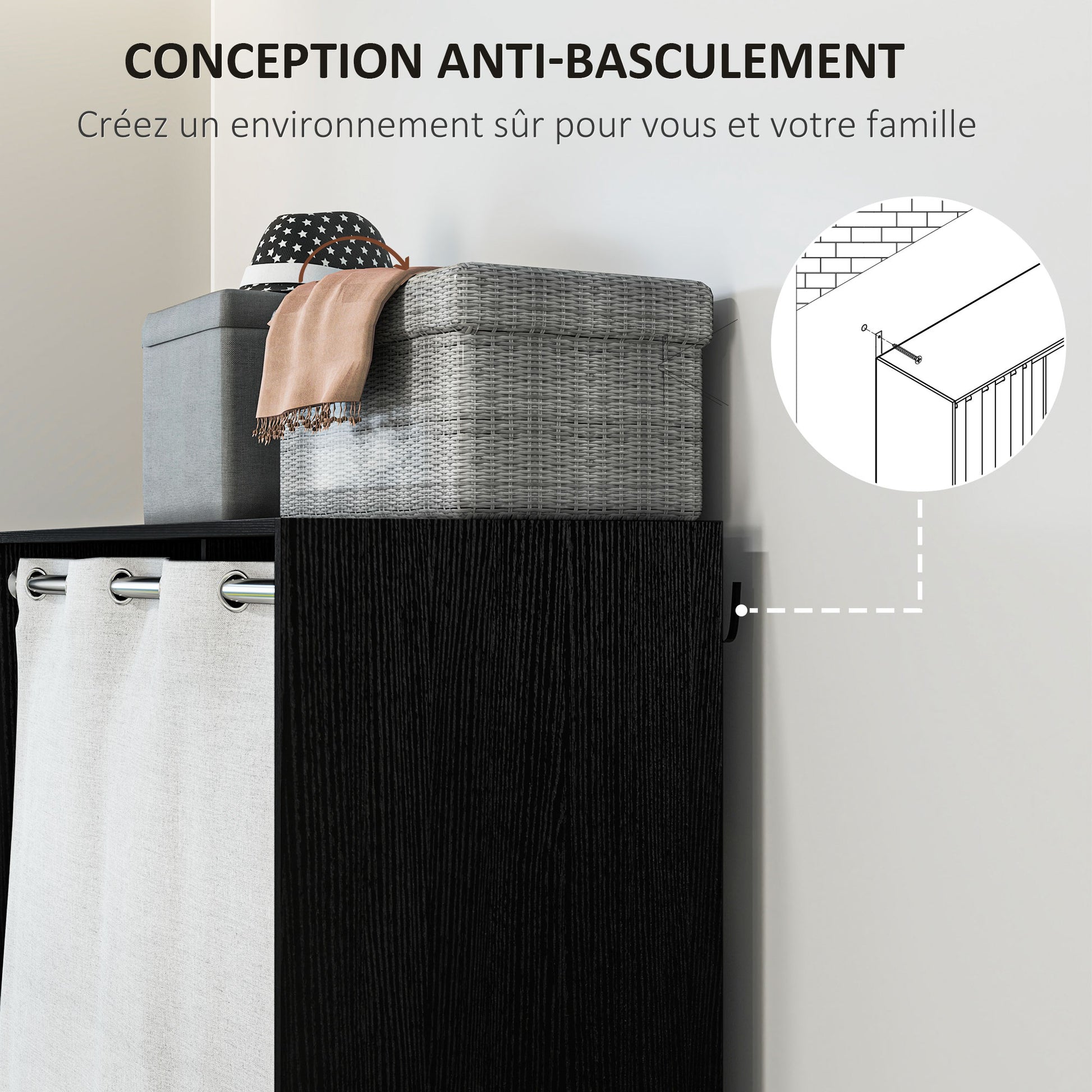 Wardrobe closet, dressing with curtain, clothing bedroom wardrobe, wardrobe with hanging rod, 3 compartments, and 3 removable fabric drawers - 105 x 48 x 160 cm, black