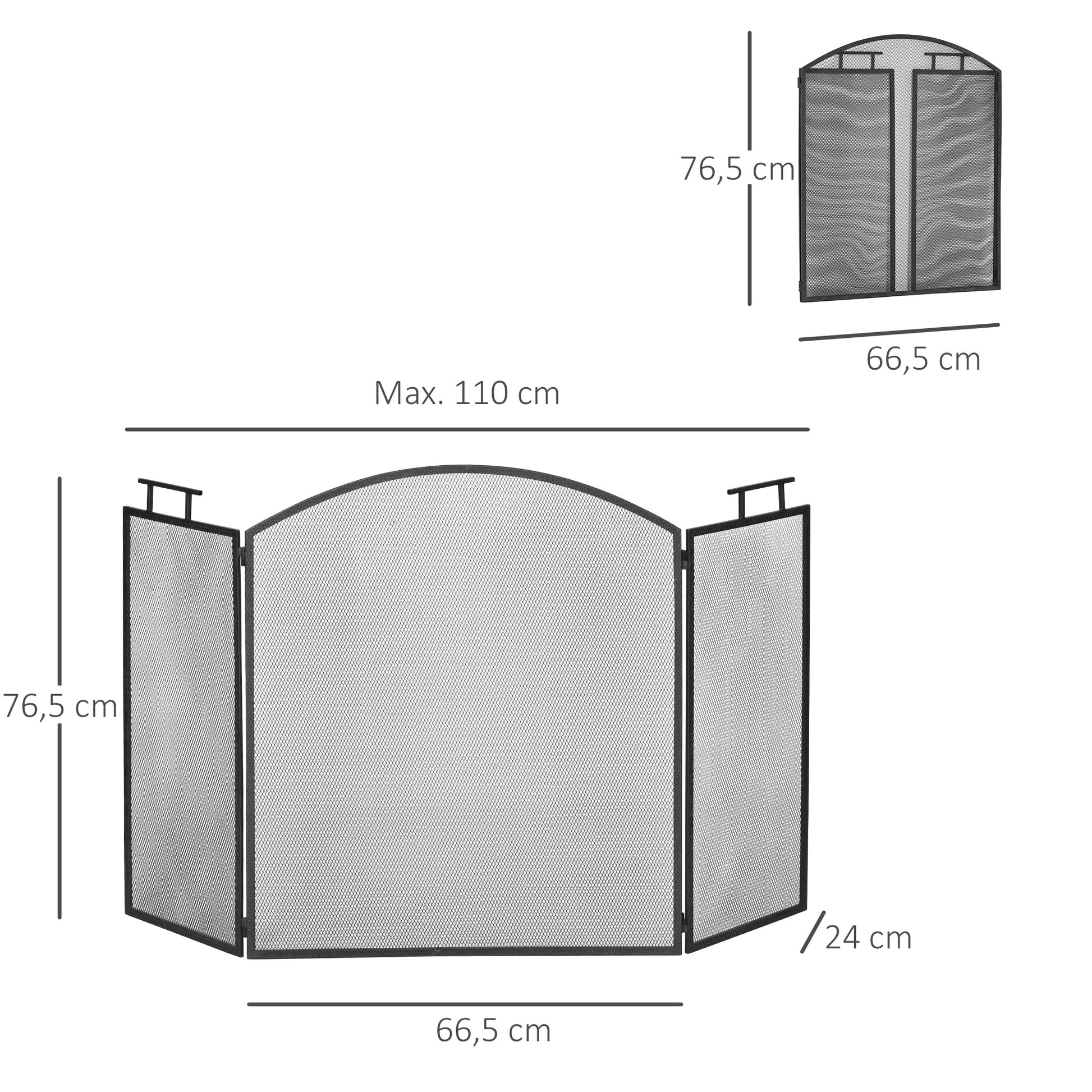 Fireplace Guard Spark Protection Screen with Mesh Iron Screen Fireplace Screen Foldable Three-piece Design Metal Black 110 x 24 x 76.5 cm