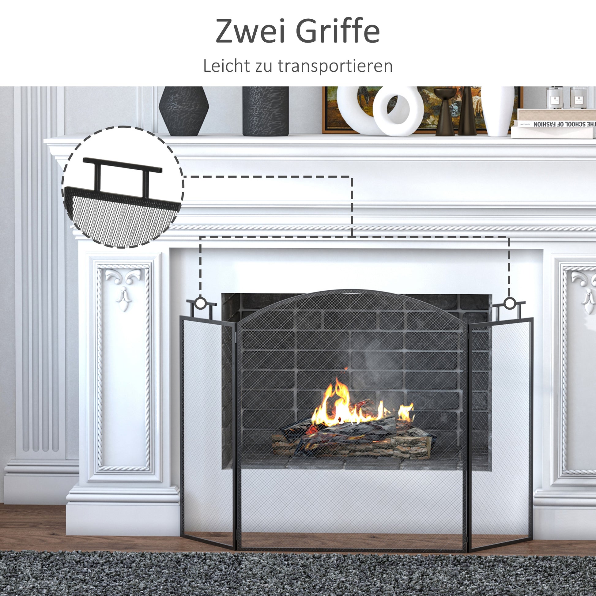 Fireplace Guard Spark Protection Screen with Mesh Iron Screen Fireplace Screen Foldable Three-piece Design Metal Black 110 x 24 x 76.5 cm