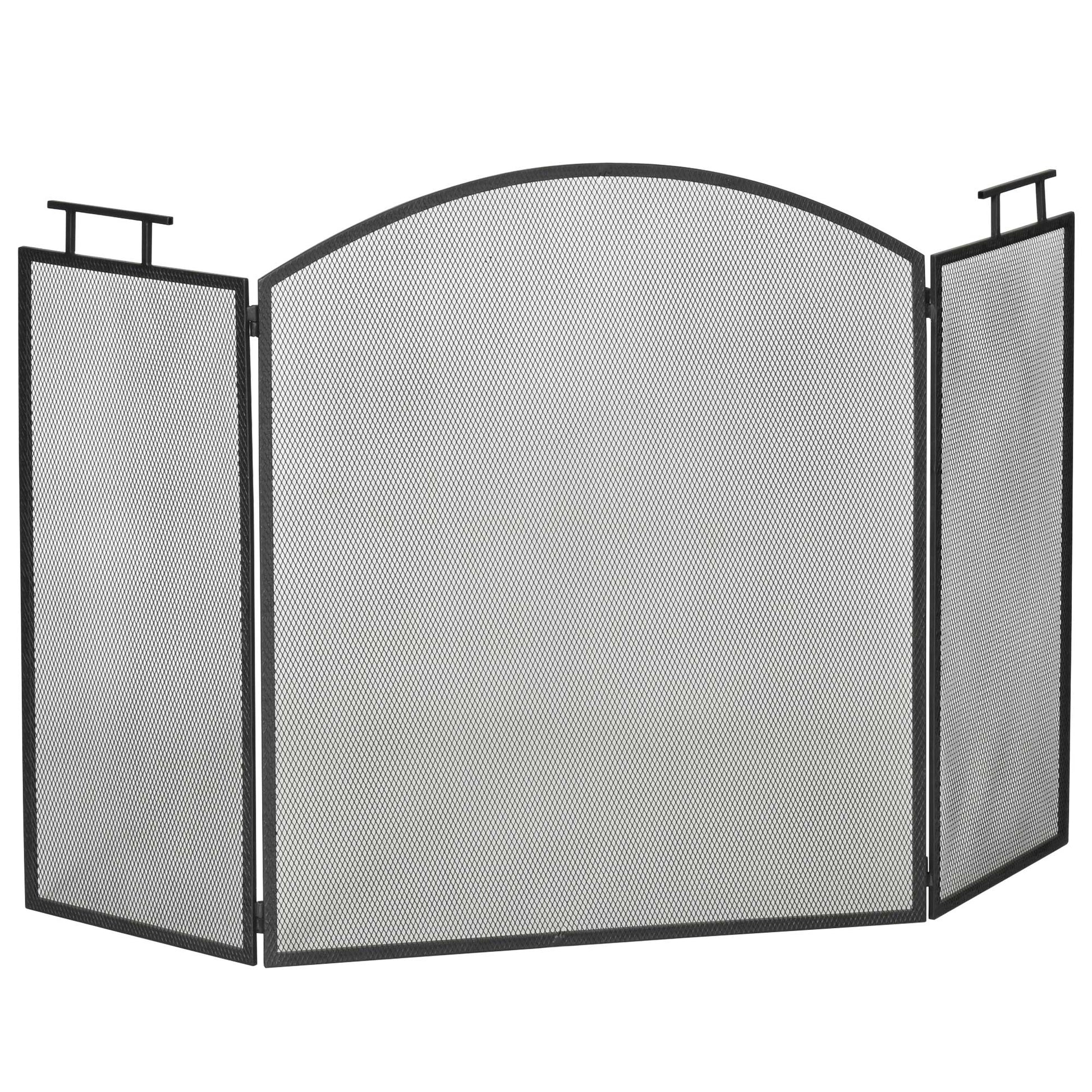 Fireplace Guard Spark Protection Screen with Mesh Iron Screen Fireplace Screen Foldable Three-piece Design Metal Black 110 x 24 x 76.5 cm
