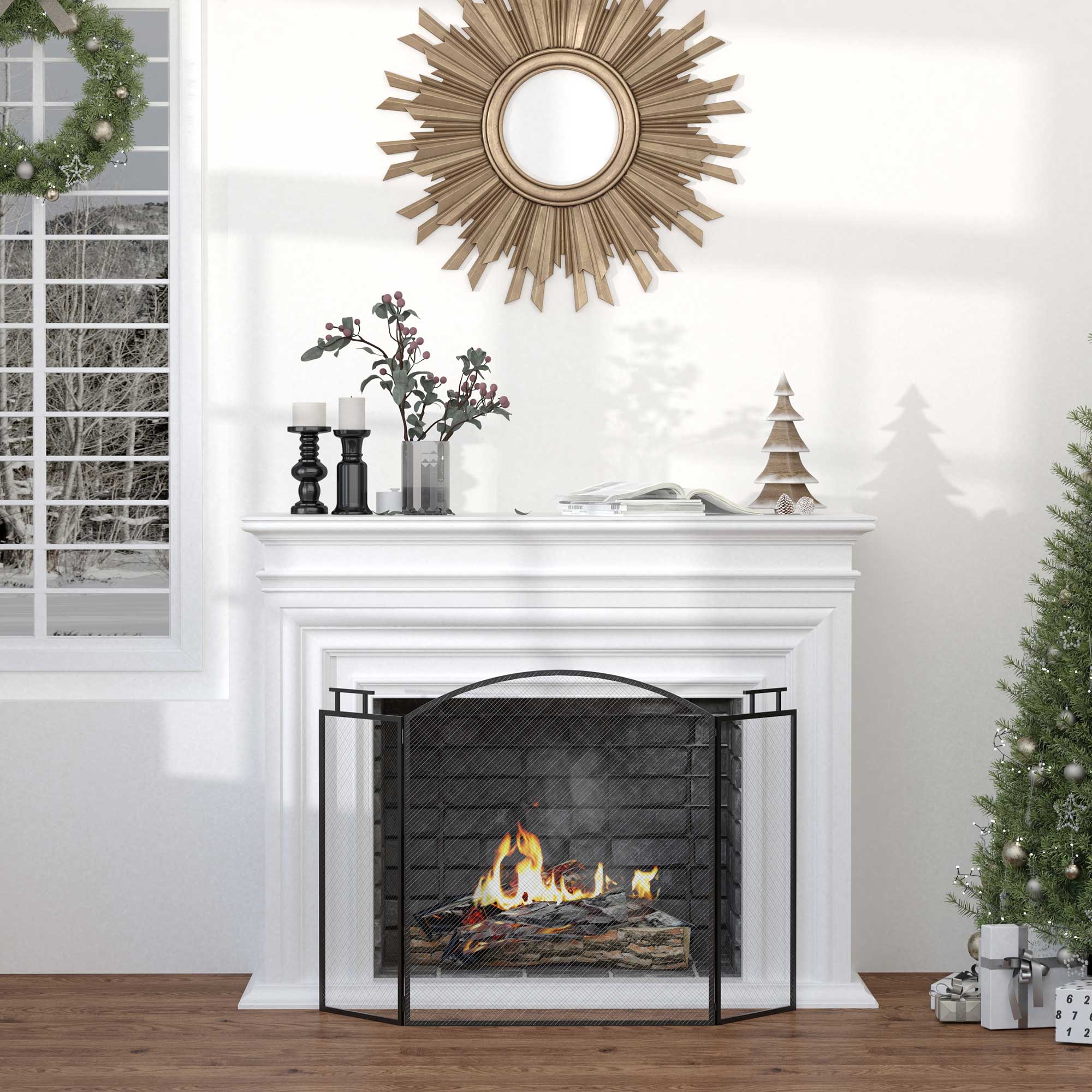 Fireplace Guard Spark Protection Screen with Mesh Iron Screen Fireplace Screen Foldable Three-piece Design Metal Black 110 x 24 x 76.5 cm