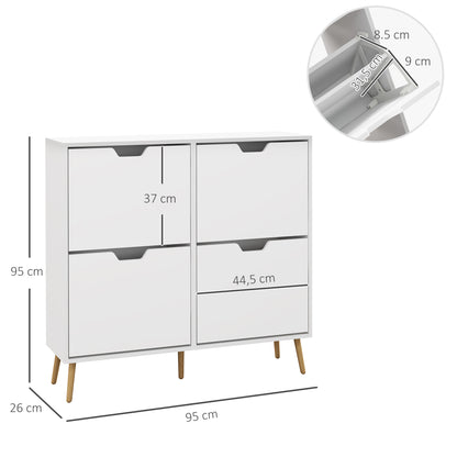 4-Flap Shoe Cabinet, Shoe Rack for 16 Pairs, with Adjustable Shelf, Pine Wood Legs, Shoe Storage, Large Capacity for Hallway, Entryway, 95 x 26 x 95 cm, White