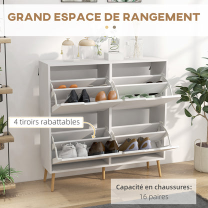 4-Flap Shoe Cabinet, Shoe Rack for 16 Pairs, with Adjustable Shelf, Pine Wood Legs, Shoe Storage, Large Capacity for Hallway, Entryway, 95 x 26 x 95 cm, White
