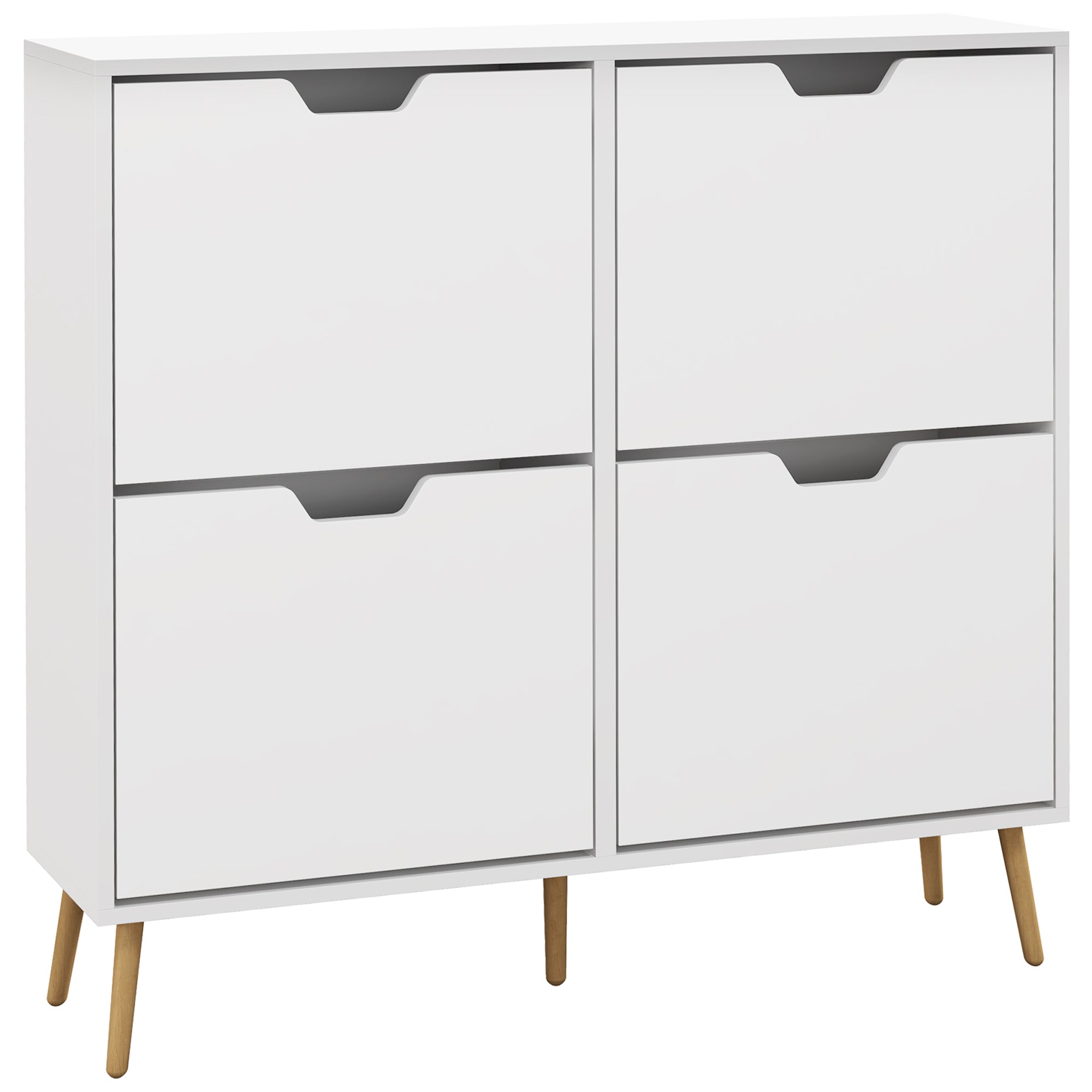 4-Flap Shoe Cabinet, Shoe Rack for 16 Pairs, with Adjustable Shelf, Pine Wood Legs, Shoe Storage, Large Capacity for Hallway, Entryway, 95 x 26 x 95 cm, White