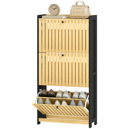 Shoe Cabinet for 18 Pairs, Narrow Shoe Storage, Entryway Furniture with 3 Foldable Drawers, Slatted Bamboo Doors, for Hallway and Entrance, 60x24x118cm, Black and Natural Wood