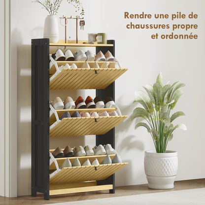 Shoe Cabinet for 18 Pairs, Narrow Shoe Storage, Entryway Furniture with 3 Foldable Drawers, Slatted Bamboo Doors, for Hallway and Entrance, 60x24x118cm, Black and Natural Wood