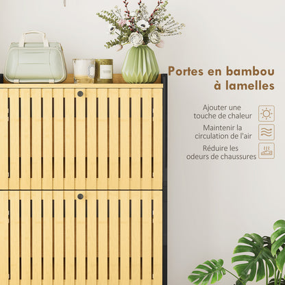 Shoe Cabinet for 18 Pairs, Narrow Shoe Storage, Entryway Furniture with 3 Foldable Drawers, Slatted Bamboo Doors, for Hallway and Entrance, 60x24x118cm, Black and Natural Wood