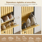 Shoe Cabinet for 18 Pairs, Narrow Shoe Storage, Entryway Furniture with 3 Foldable Drawers, Slatted Bamboo Doors, for Hallway and Entrance, 60x24x118cm, Black and Natural Wood