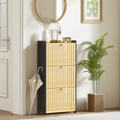 Shoe Cabinet for 18 Pairs, Narrow Shoe Storage, Entryway Furniture with 3 Foldable Drawers, Slatted Bamboo Doors, for Hallway and Entrance, 60x24x118cm, Black and Natural Wood