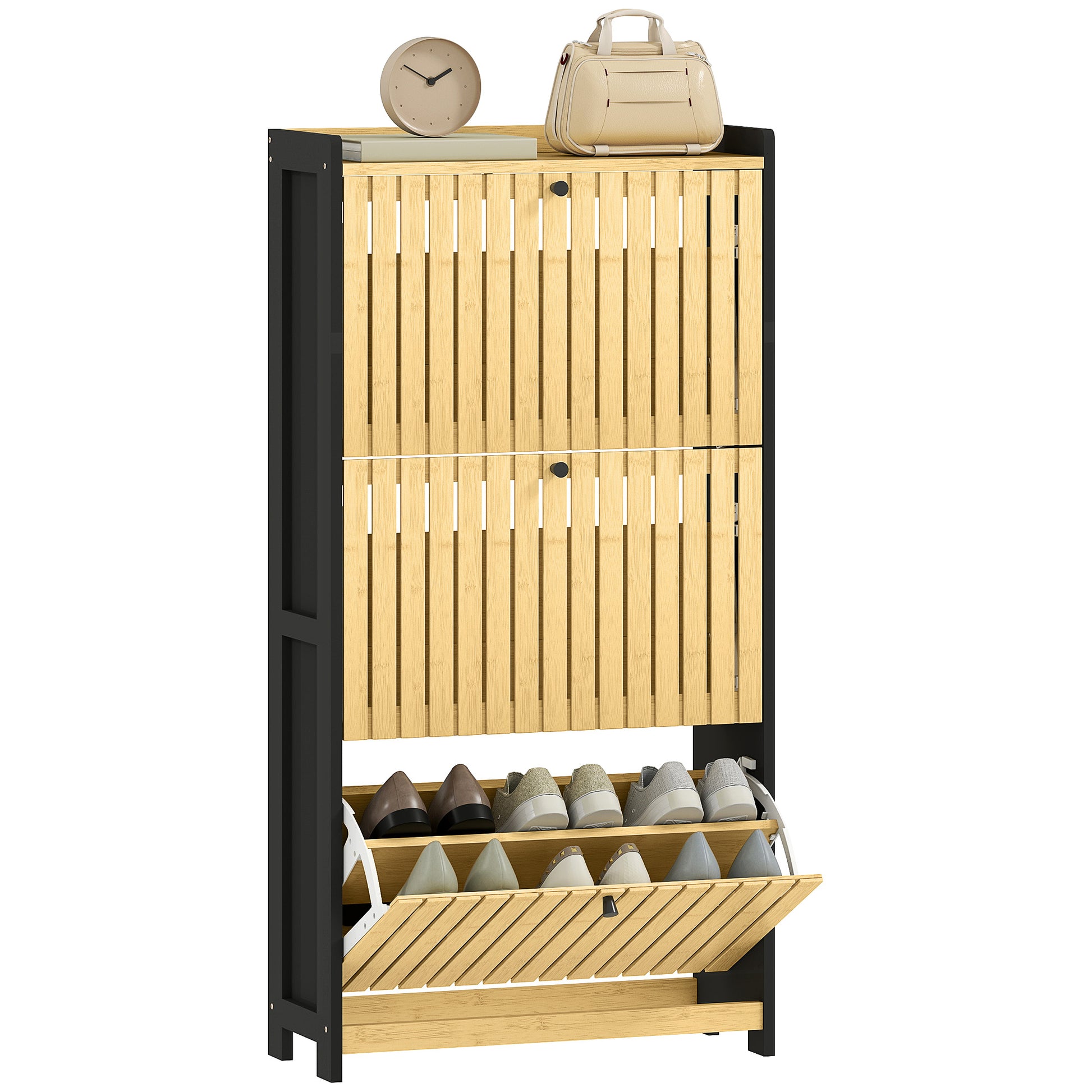 Shoe Cabinet for 18 Pairs, Narrow Shoe Storage, Entryway Furniture with 3 Foldable Drawers, Slatted Bamboo Doors, for Hallway and Entrance, 60x24x118cm, Black and Natural Wood