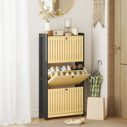 Shoe Cabinet for 18 Pairs, Narrow Shoe Storage, Entryway Furniture with 3 Foldable Drawers, Slatted Bamboo Doors, for Hallway and Entrance, 60x24x118cm, Black and Natural Wood