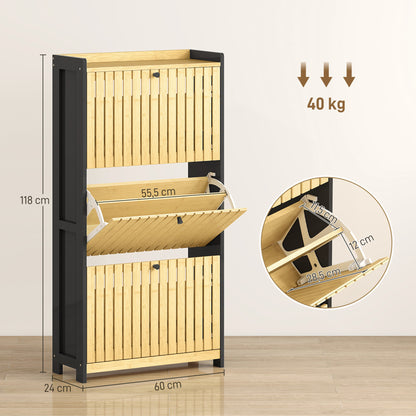 Shoe Cabinet for 18 Pairs, Narrow Shoe Storage, Entryway Furniture with 3 Foldable Drawers, Slatted Bamboo Doors, for Hallway and Entrance, 60x24x118cm, Black and Natural Wood