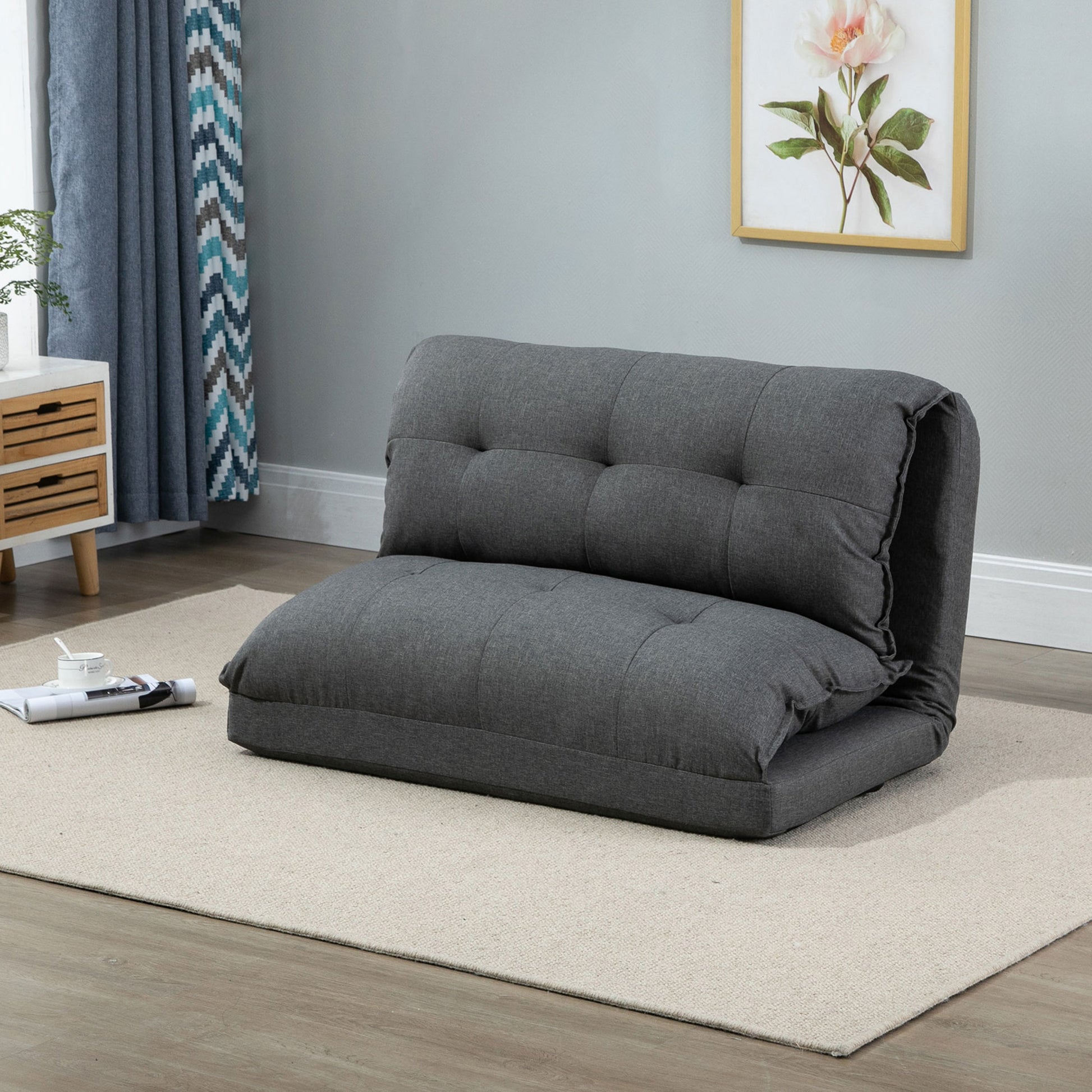Lazy Floor Armchair Padded Convertible Armchair Living Room Chair - Spare Mattress - 13-Position Adjustable Backrest - Gray Linen Fabric