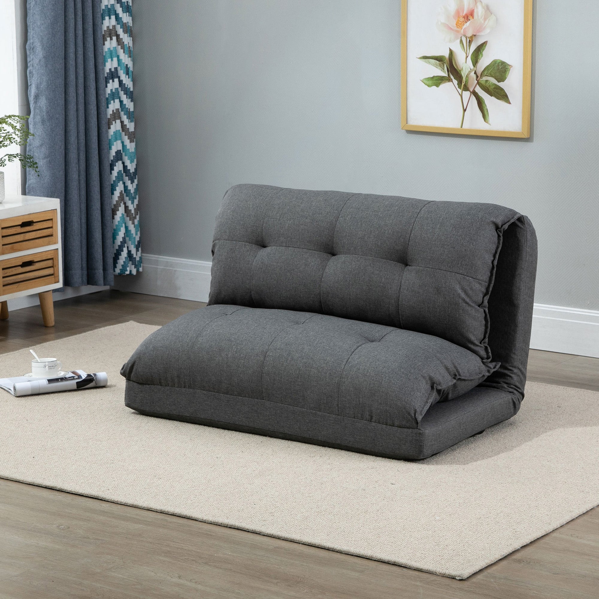 Lazy Floor Armchair Padded Convertible Armchair Living Room Chair - Spare Mattress - 13-Position Adjustable Backrest - Gray Linen Fabric