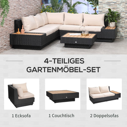 4-piece Luxury Poly Rattan Garden Set Garden Furniture Lounge Set Lounge Furniture incl. Shelves and Side Table Seat Cushion Black