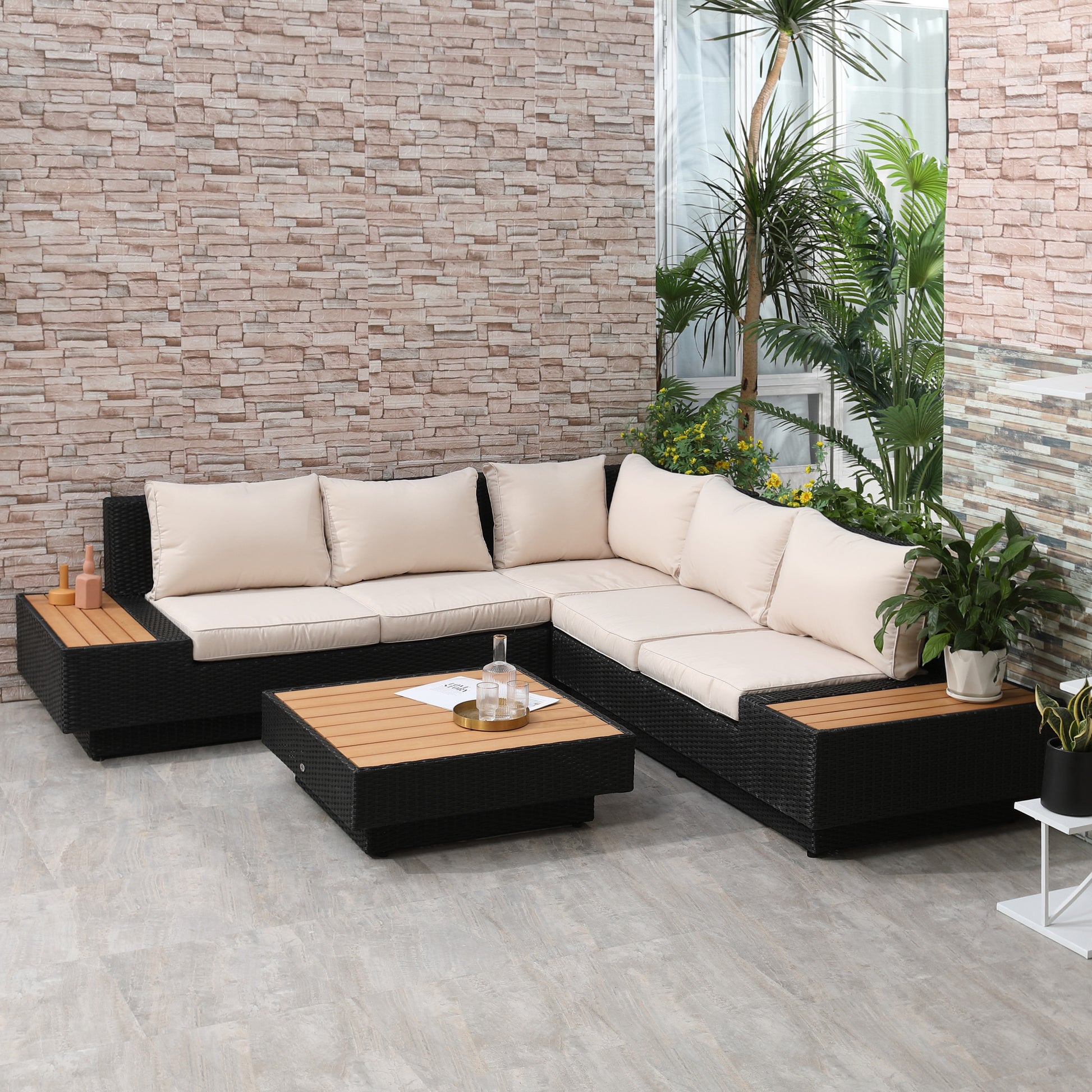 4-piece Luxury Poly Rattan Garden Set Garden Furniture Lounge Set Lounge Furniture incl. Shelves and Side Table Seat Cushion Black