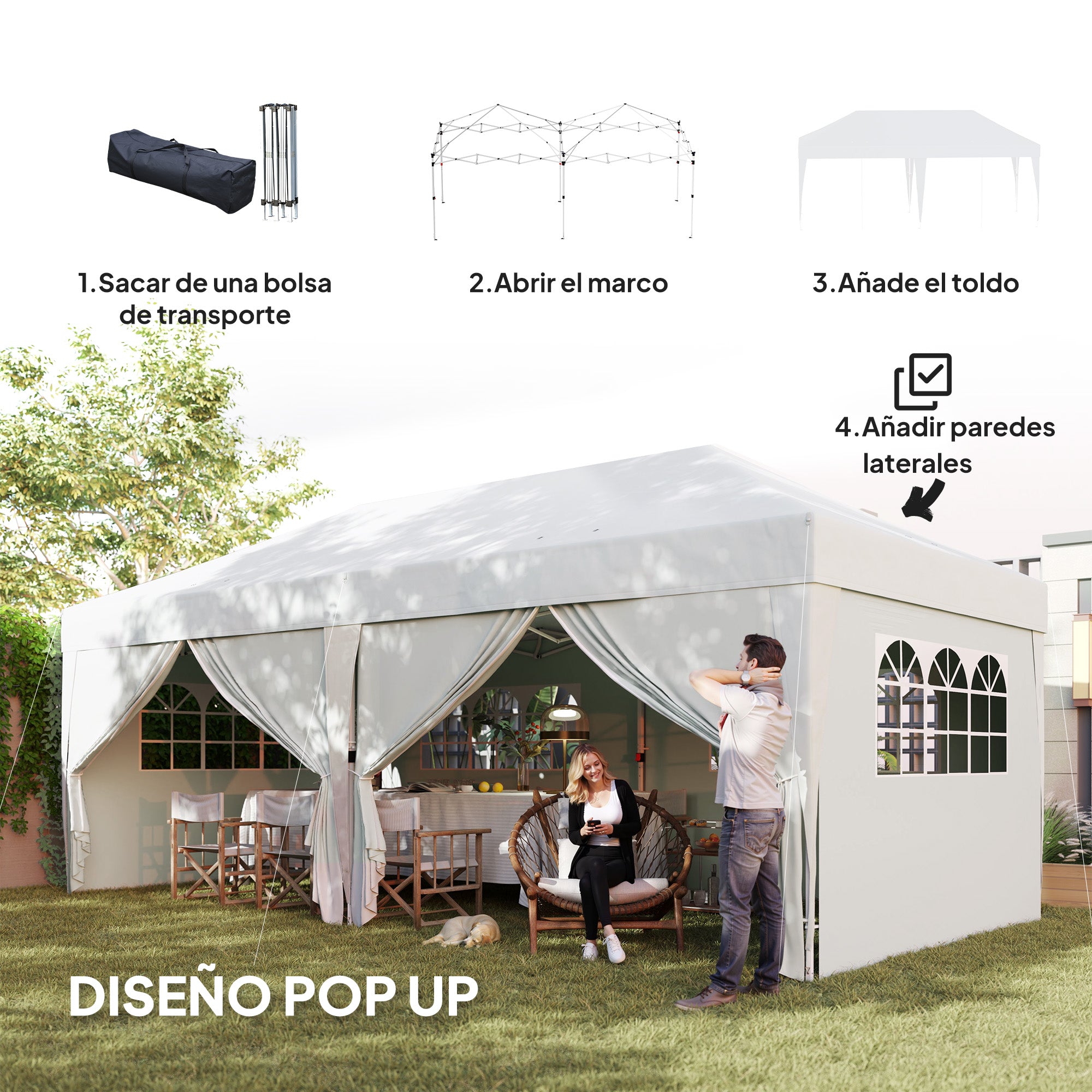 Foldable Gazebo 6x3 m with 6 Removable Side Walls Waterproof Anti-UV and Carrying Bag Garden Pavilion for Camping Parties White