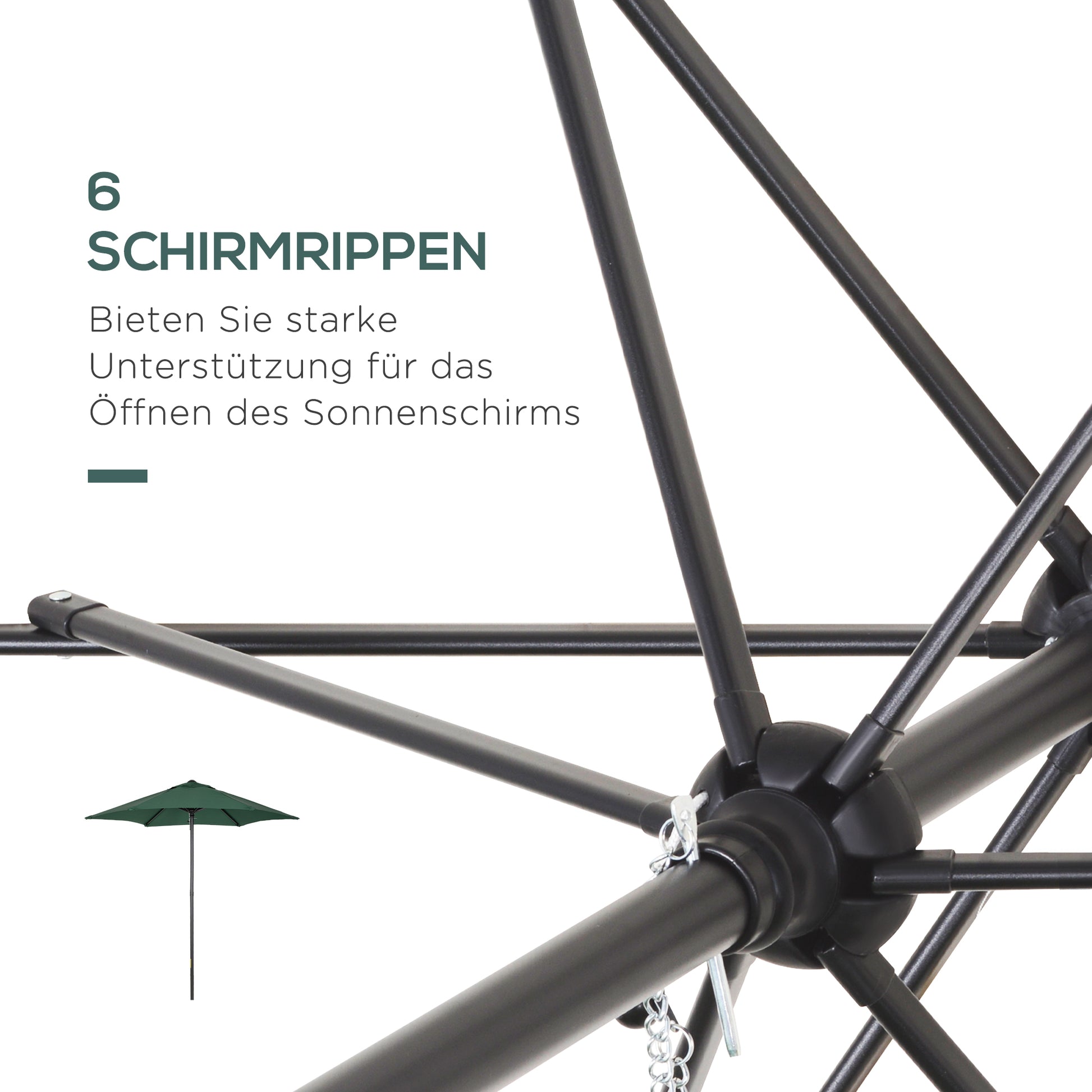 Umbrella Ø196 cm, hexagonal balcony umbrella beach umbrella windproof stable market umbrella crank umbrella sun protection for beach balcony garden, Green