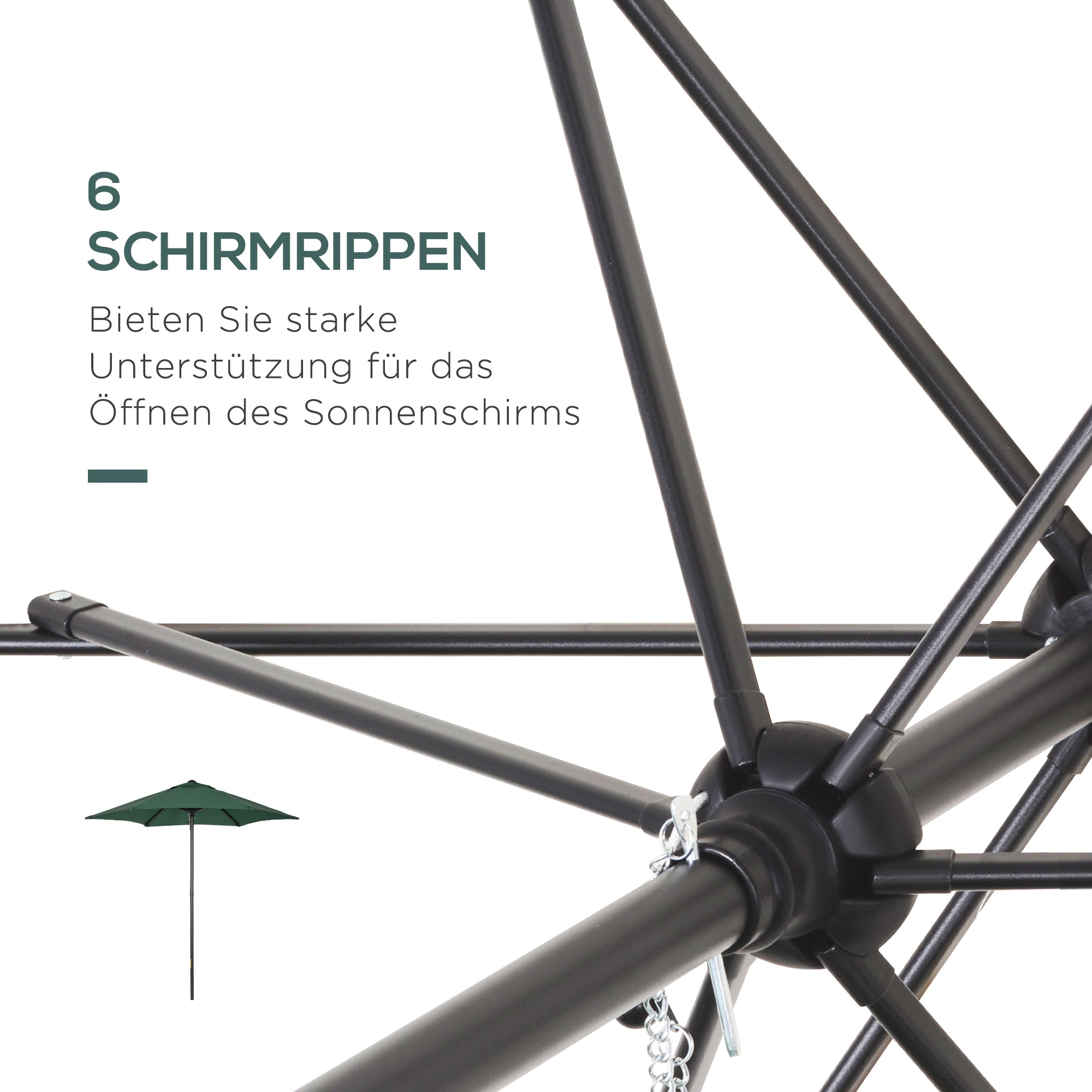 Umbrella Ø196 cm, hexagonal balcony umbrella beach umbrella windproof stable market umbrella crank umbrella sun protection for beach balcony garden, Green