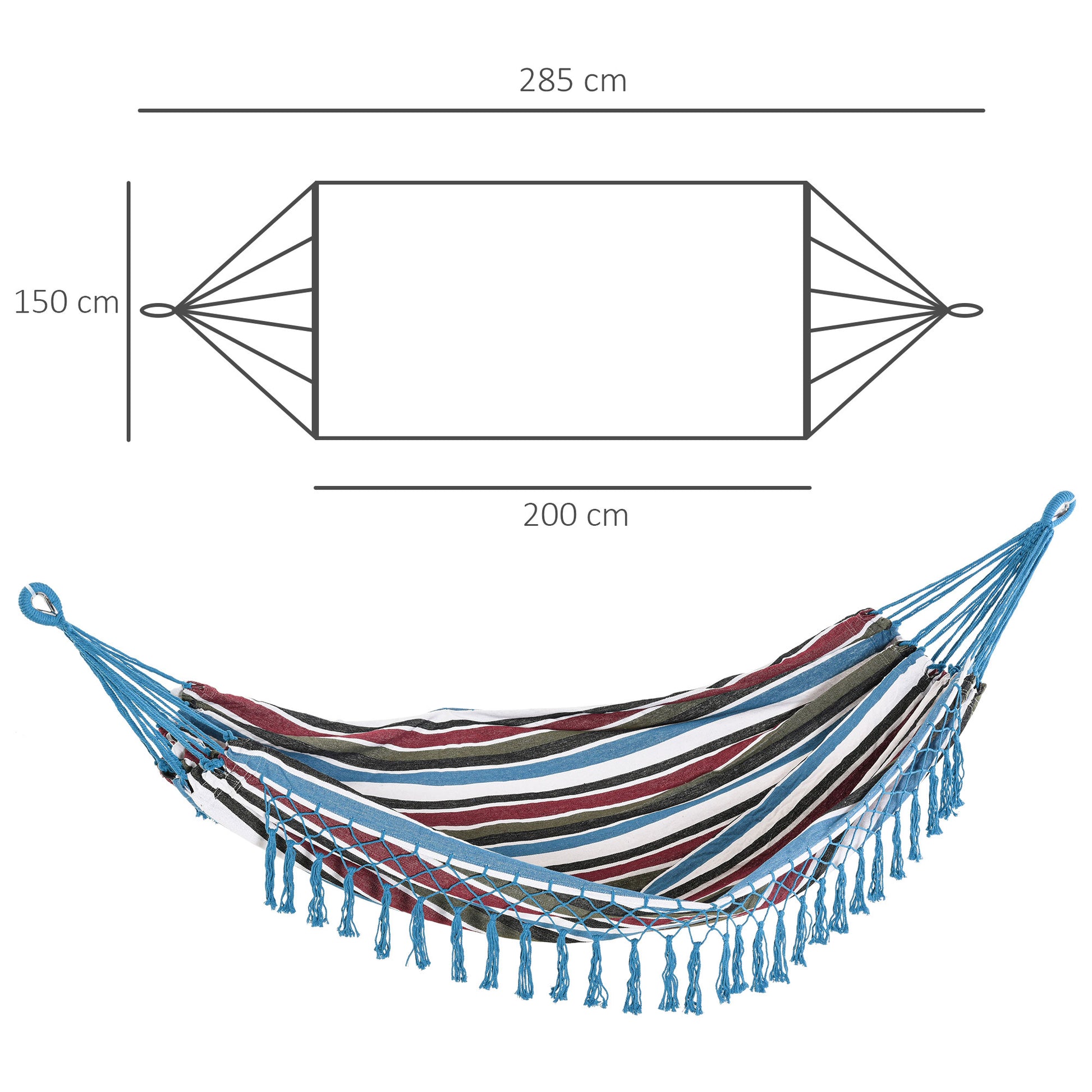 Portable Double Cotton Hammock 285x150 cm with Carry Bag for Outdoor Patio Garden Beach Camping Load 120 kg Multicolor