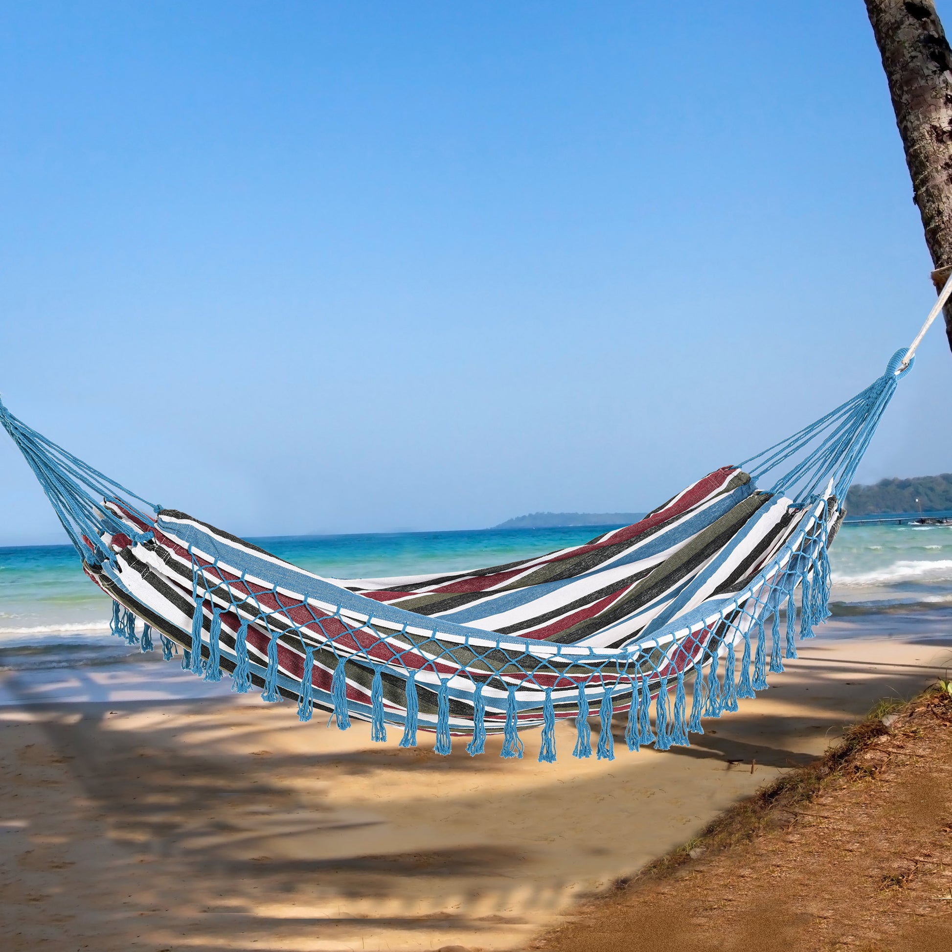 Portable Double Cotton Hammock 285x150 cm with Carry Bag for Outdoor Patio Garden Beach Camping Load 120 kg Multicolor