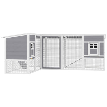 Large Outdoor Wooden Chicken Coop — L‑Shaped Corner Hen House with 2 Nesting Boxes, Run, Removable Trays, PET Roof & Ramps, Raised Hutch for Rabbits, 99 x 76 x 40.6 in (Gray)
