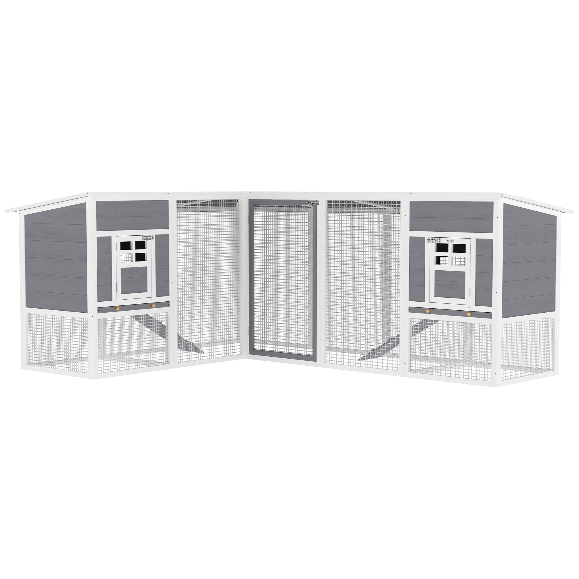 Large Outdoor Wooden Chicken Coop — L‑Shaped Corner Hen House with 2 Nesting Boxes, Run, Removable Trays, PET Roof & Ramps, Raised Hutch for Rabbits, 99 x 76 x 40.6 in (Gray)