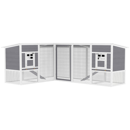 Large Outdoor Wooden Chicken Coop — L‑Shaped Corner Hen House with 2 Nesting Boxes, Run, Removable Trays, PET Roof & Ramps, Raised Hutch for Rabbits, 99 x 76 x 40.6 in (Gray)