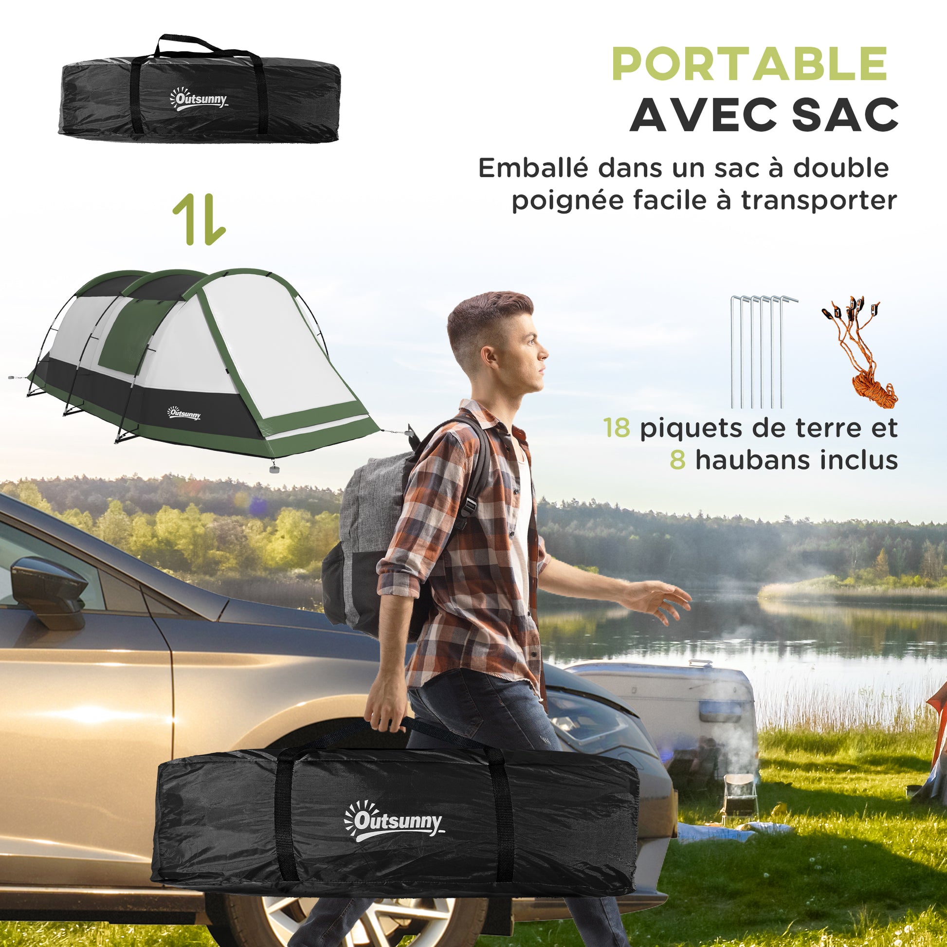 Family Camping Tent 3-4 Person - Tunnel Tent with Waterproof Porch 3000mm Lightweight Ventilated Easy to Set Up - Includes Transport Bag - Grey