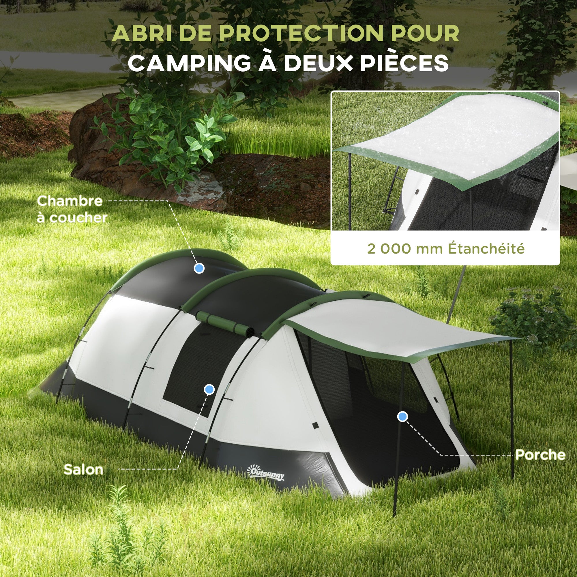 Family Camping Tent 3-4 Person - Tunnel Tent with Waterproof Porch 3000mm Lightweight Ventilated Easy to Set Up - Includes Transport Bag - Grey