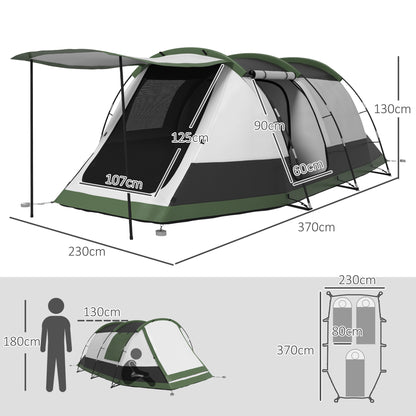 Family Camping Tent 3-4 Person - Tunnel Tent with Waterproof Porch 3000mm Lightweight Ventilated Easy to Set Up - Includes Transport Bag - Grey