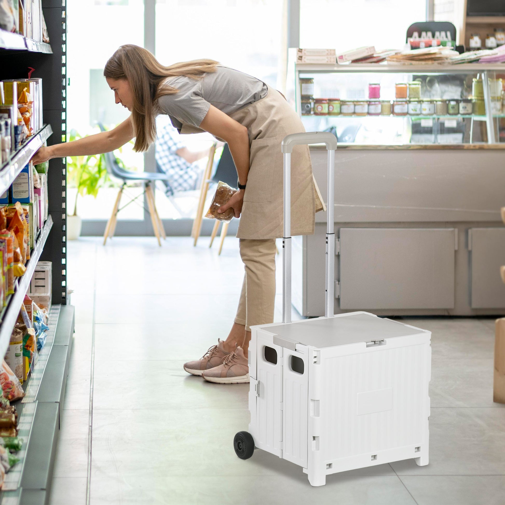 Folding Shopping Cart Supermarket Cart with 2 Wheels Adjustable Handle Length 32 Liters Capacity for Office School Home 41.5x32.5x85 cm White