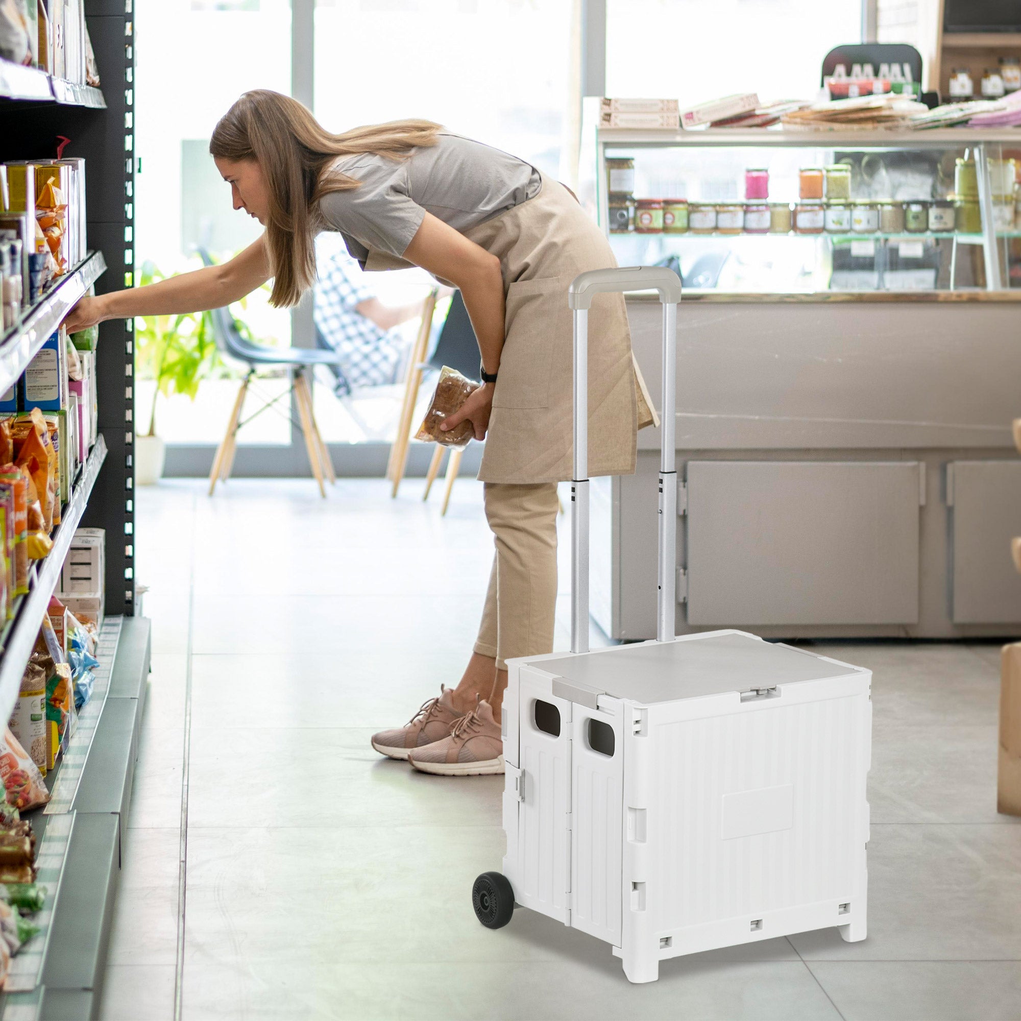 Folding Shopping Cart Supermarket Cart with 2 Wheels Adjustable Handle Length 32 Liters Capacity for Office School Home 41.5x32.5x85 cm White