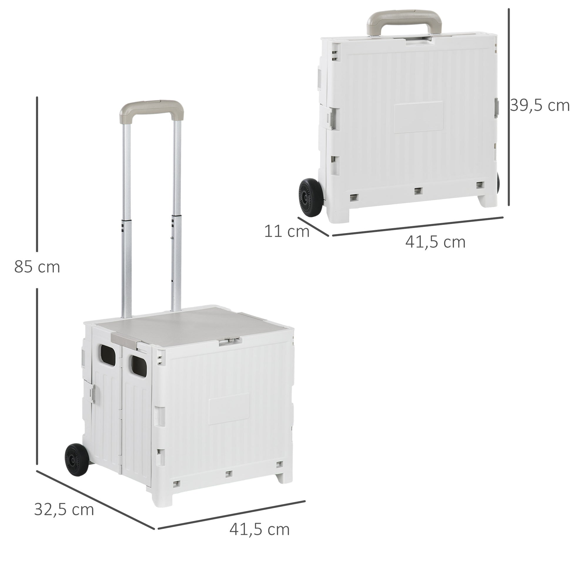 Folding Shopping Cart Supermarket Cart with 2 Wheels Adjustable Handle Length 32 Liters Capacity for Office School Home 41.5x32.5x85 cm White