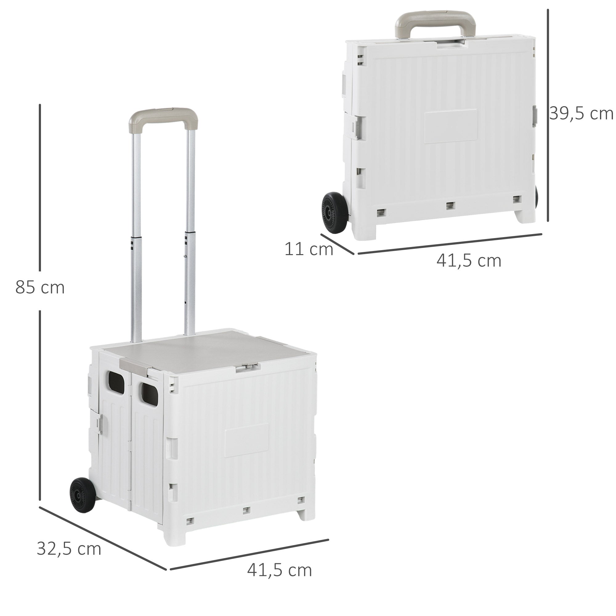 Folding Shopping Cart Supermarket Cart with 2 Wheels Adjustable Handle Length 32 Liters Capacity for Office School Home 41.5x32.5x85 cm White