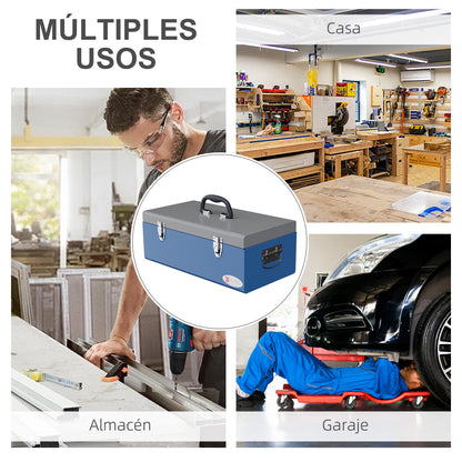Metal Tool Box Toolbox 50x26x18.5 cm with Transport Handles Load 20 kg Gray and Blue