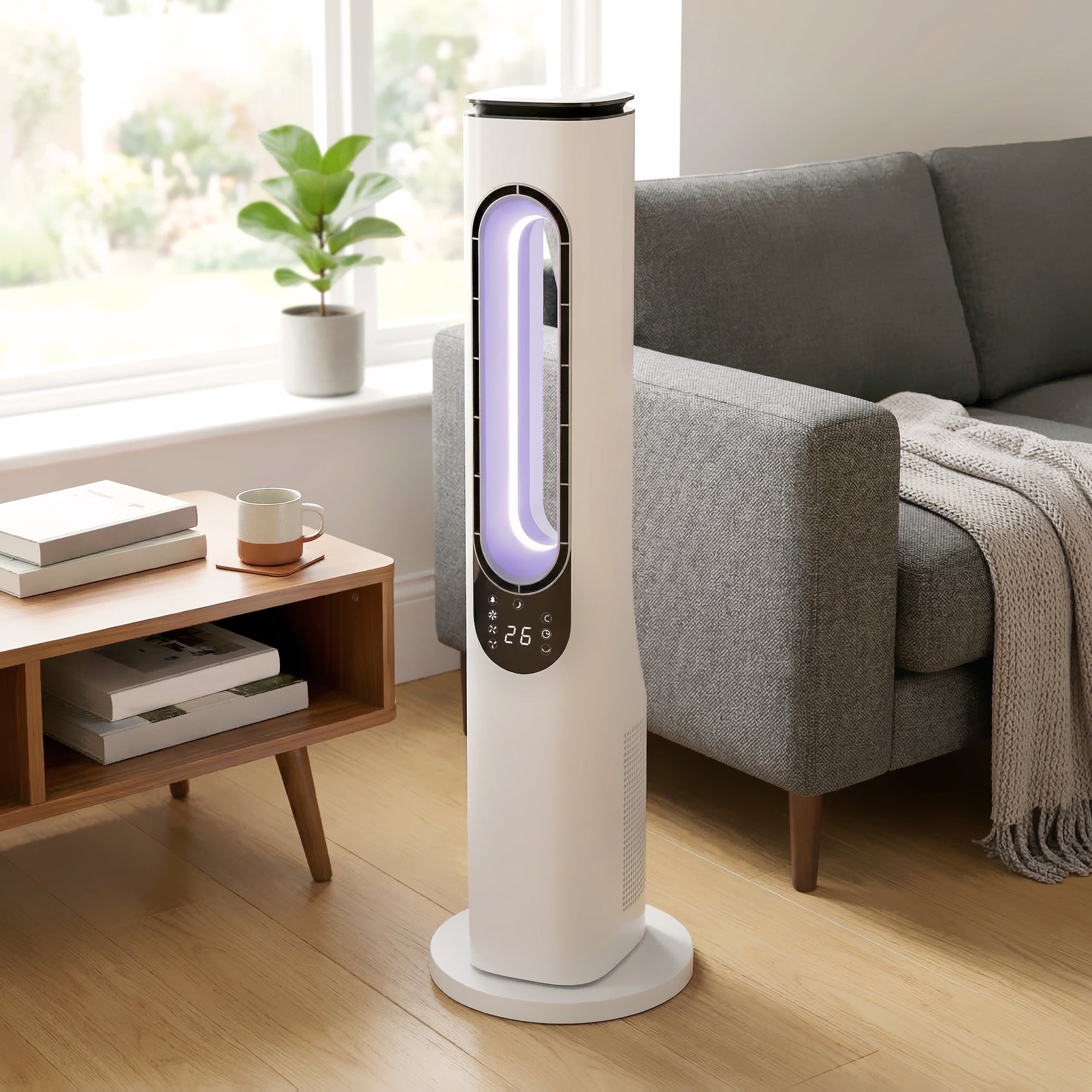 Bladeless Tower Fan — Ultra-Quiet 35 dB, Remote Control, LED Display, 3 Speeds & Modes, 15H Timer, 50° Oscillation — White