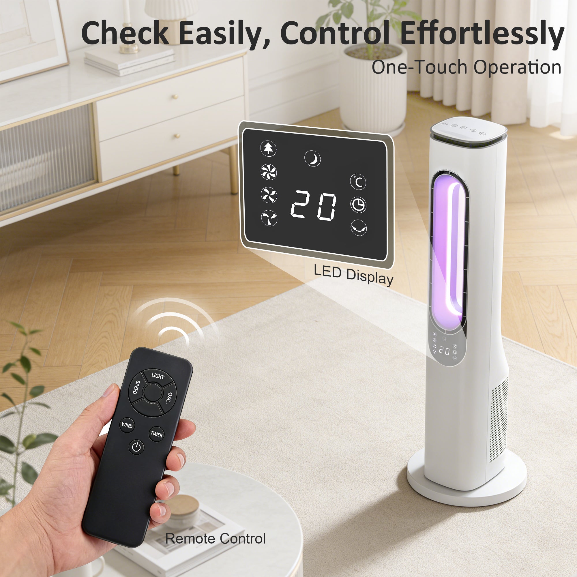 Bladeless Tower Fan — Ultra-Quiet 35 dB, Remote Control, LED Display, 3 Speeds & Modes, 15H Timer, 50° Oscillation — White