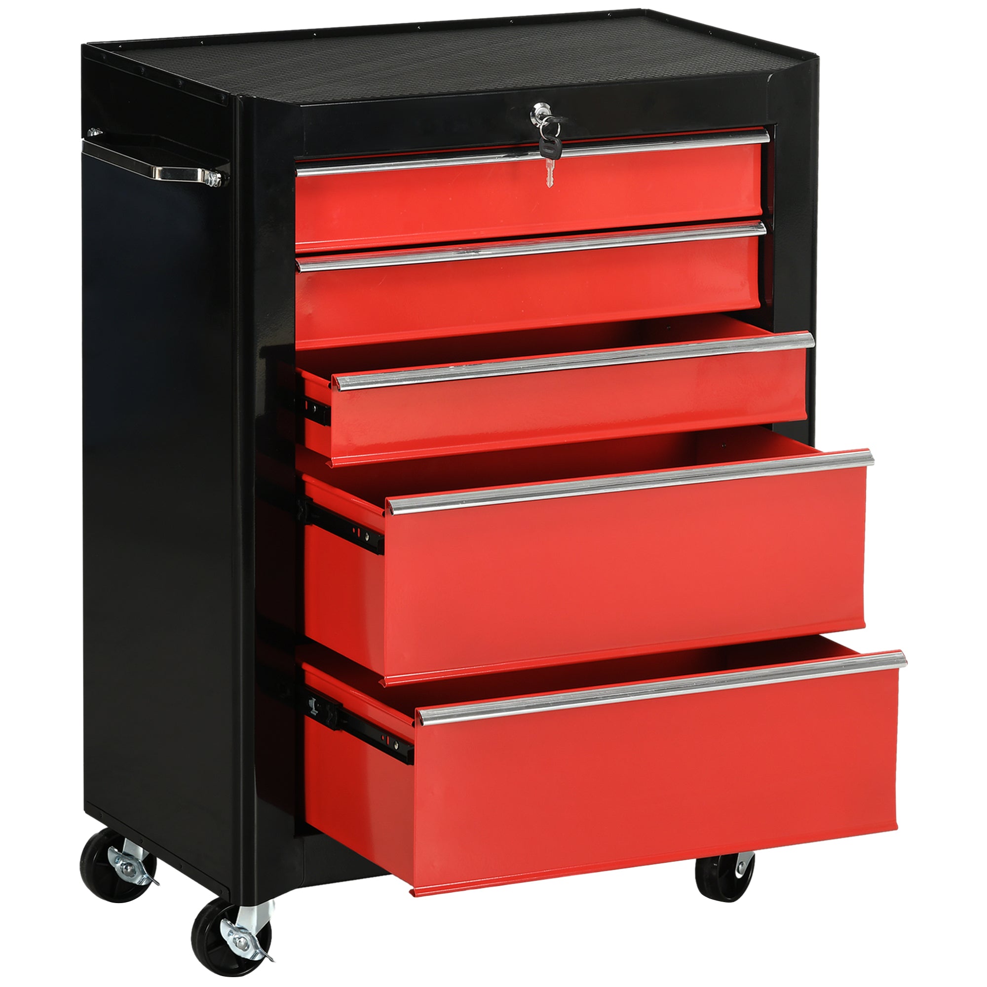 5-Drawer Steel Workshop Trolley – Lockable Mobile Tool Cart with EVA Drawer Liners, Red & Black